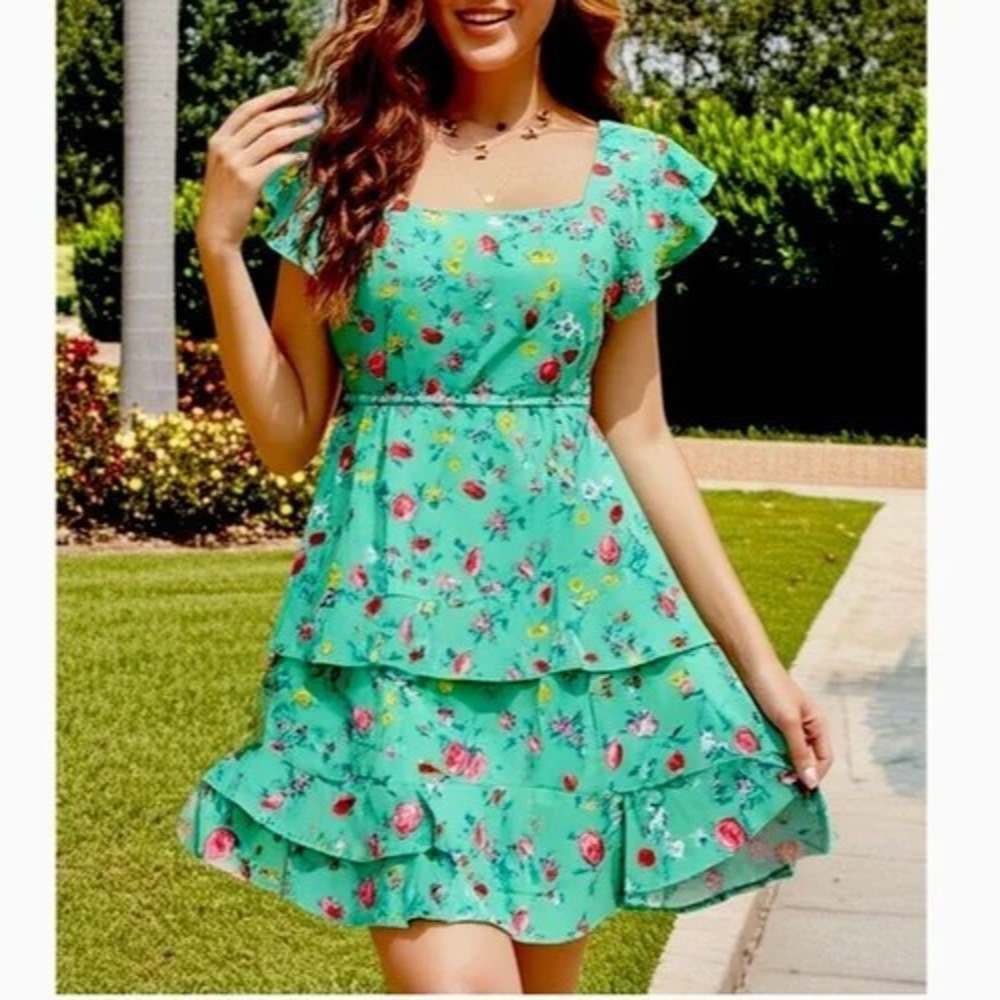 Lottie & Holly B.O.G. COLLECTIVE Floral Ruffle Dress Sz L‎ Short Sleeve Mini NWT